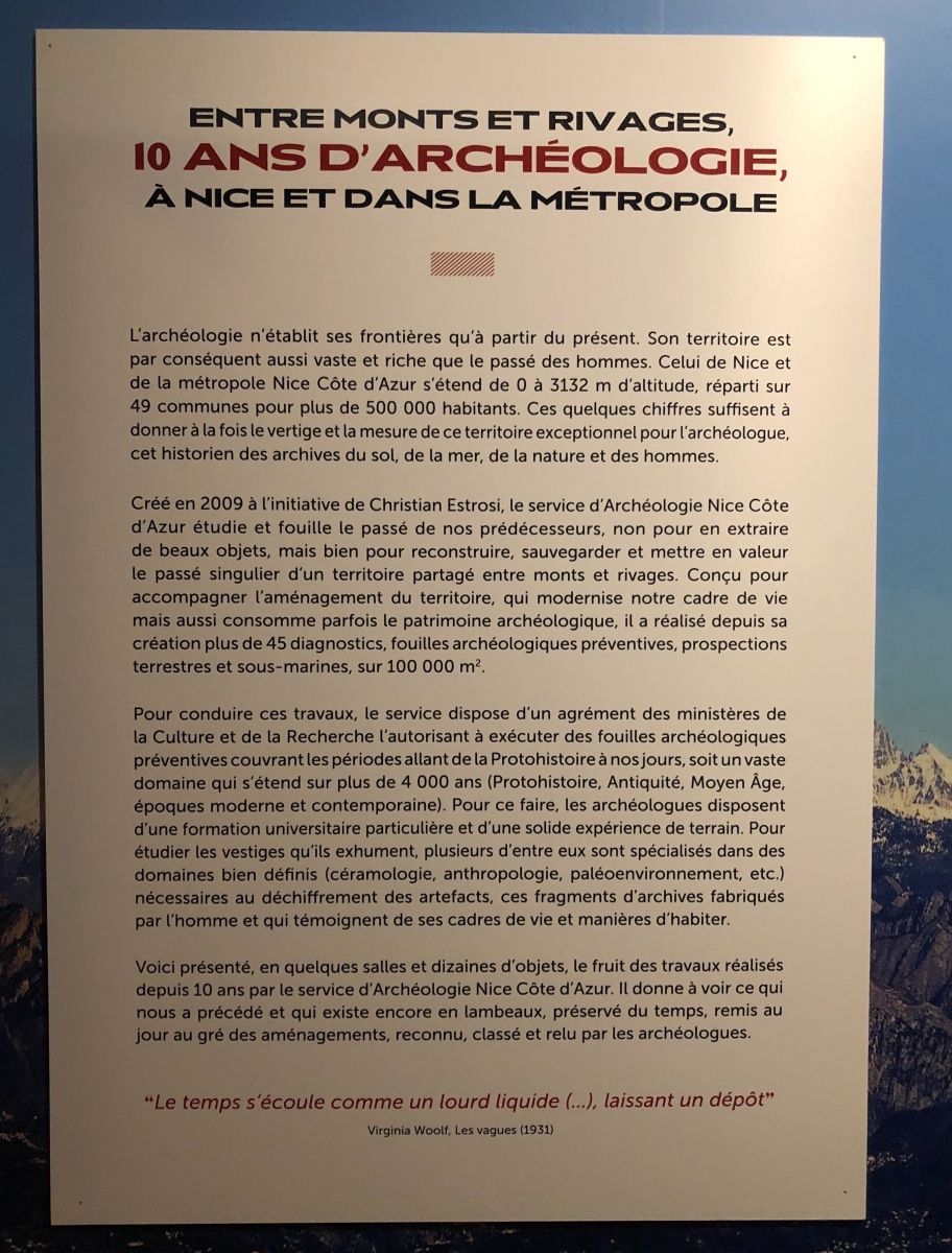 Visite de l'exposition « Entre monts et rivages. 10 ans d’archéologie à Nice et dans la Métropole »