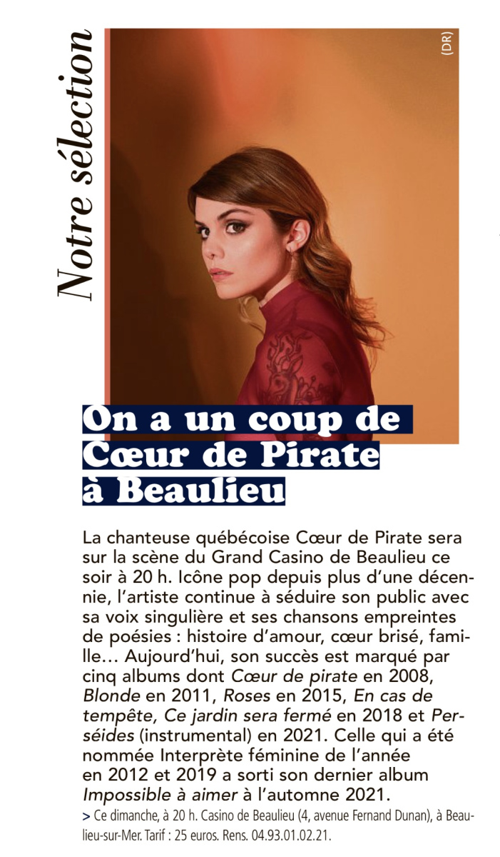 Concert de Coeur de Pirate au casino de  Beaulieu.